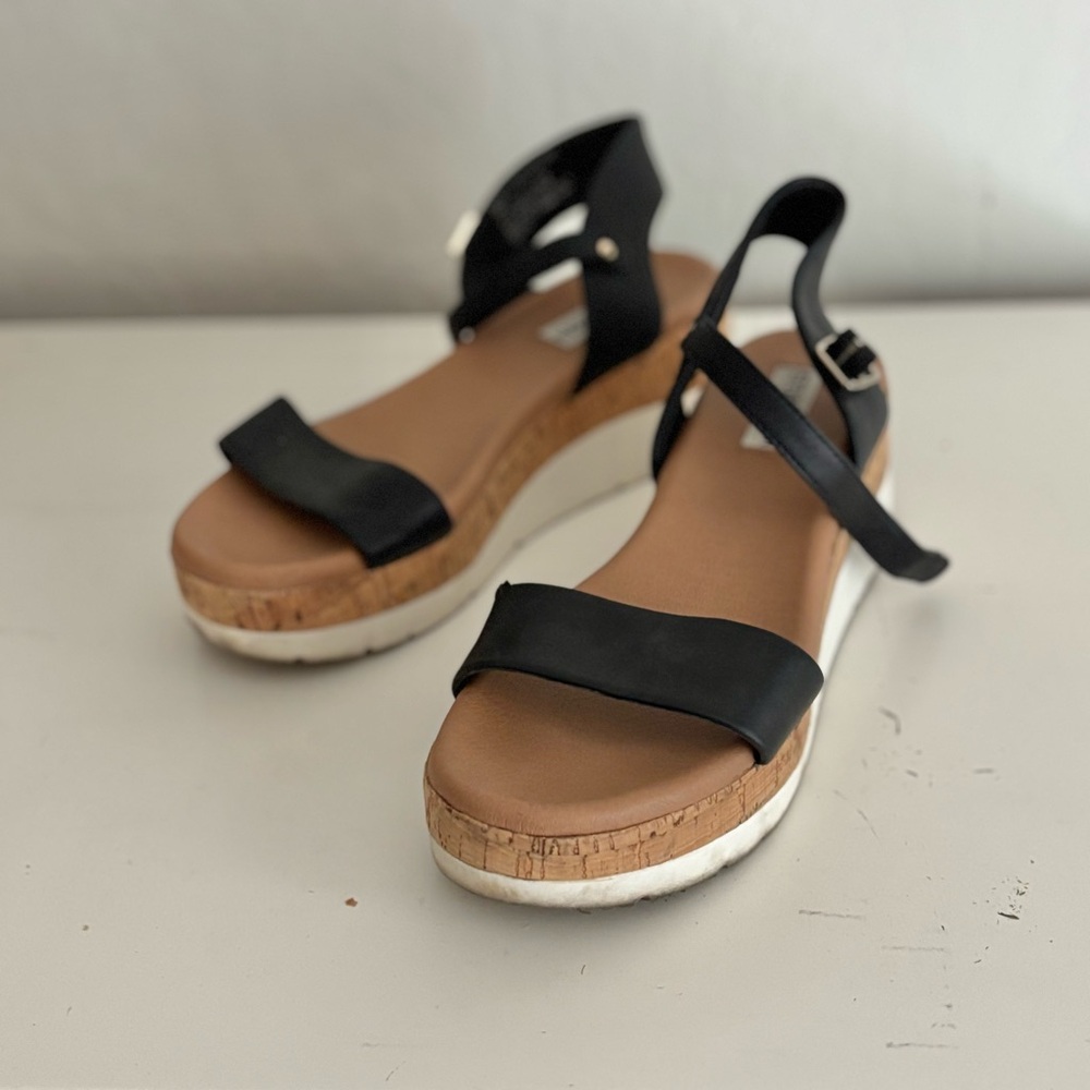 Steve Madden Rosalita Stacked Cork Platform Leather Sandals, Black, 8